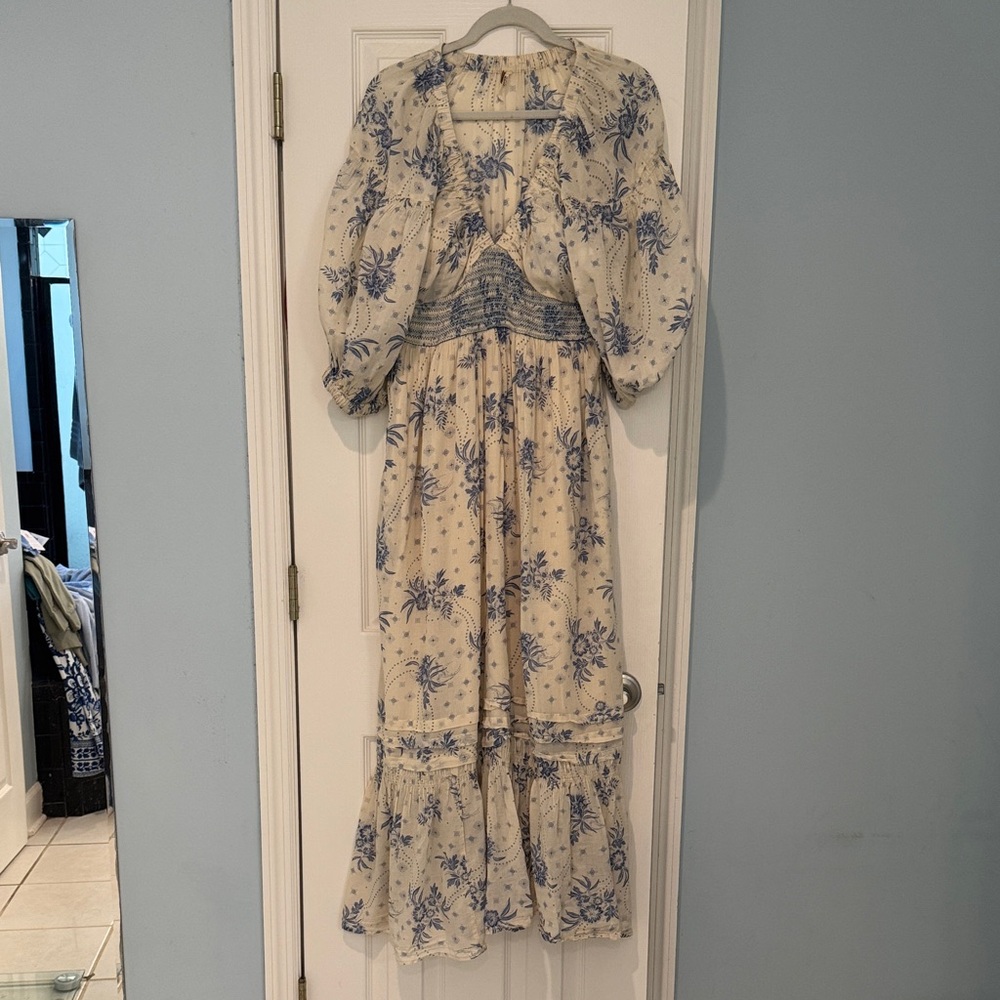 Free People Blue and Cream Floral Long Sleeve Dress